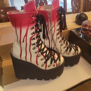Dolls Kill Red and White Lace Up Platform Boots